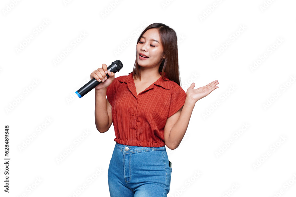 Beautiful Asian Woman Singing and Holding Microphone Eyes Closed