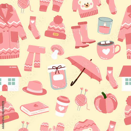 Autumn seamless pattern with barbie mood and pinkcore. Pink different things, items for the autumn collection in the style of Barbie. Inspired Barbie pink vibes
