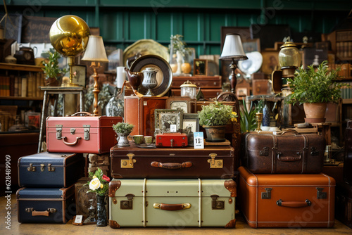 A treasure trove vintage store with vintage luggage, antique keys, and vintage glass bottles Generative AI