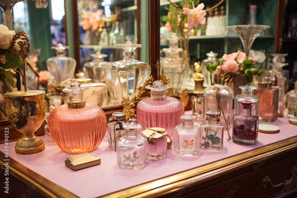 A vintage store with vintage perfume bottles, antique vanity sets, and vintage powder compacts Generative AI