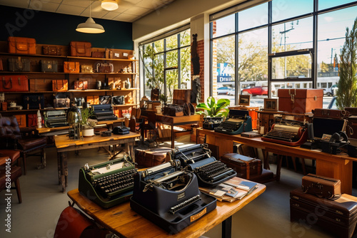 A vintage store with vintage typewriters, antique office equipment, and vintage leather briefcases Generative AI
