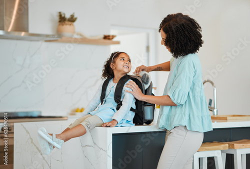 Tablou pe pânză Mother, girl and packing bag for lunch, food and nutrition, wellness and development for morning school