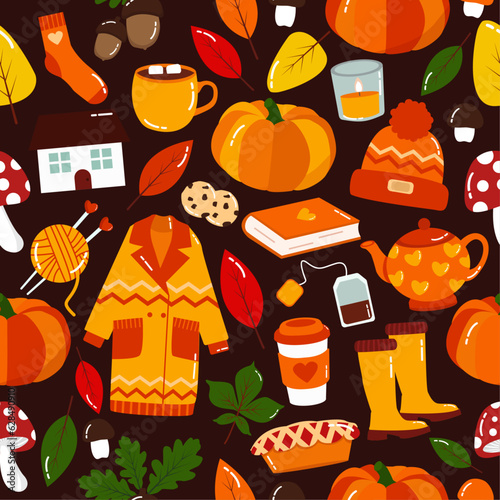 Autumn season seamless pattern with autumn cute cartoon things. Brown dark background. Fall mood