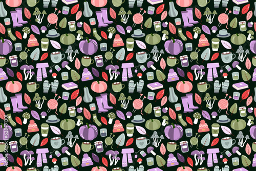 Cartoon seamless pattern with autumn cute things on black background