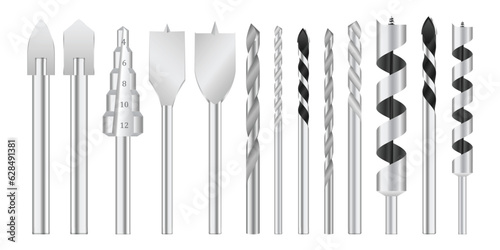 set of realistic metallic drill bits or metal work steel tools. eps vector