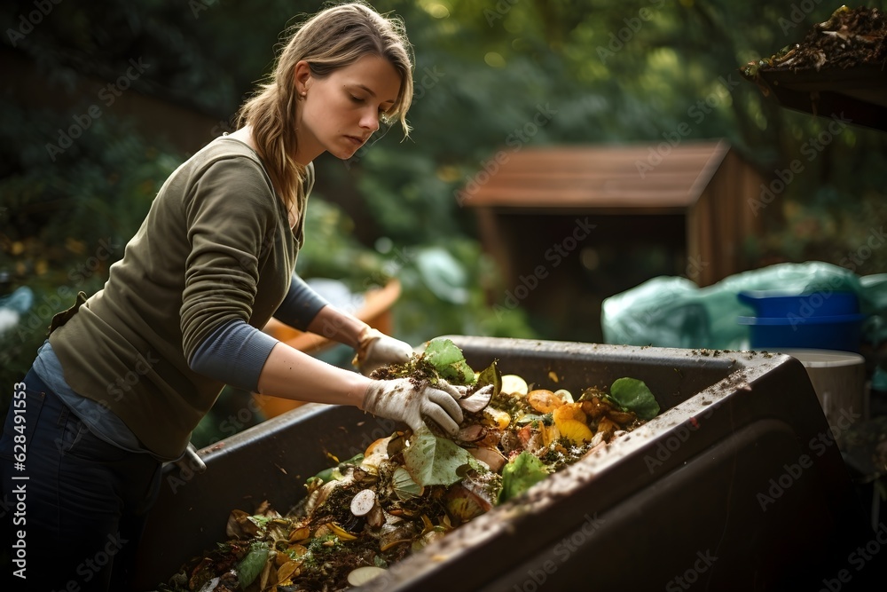 Woman thoughtfully throwing away food scraps in a compost bin, exemplifying home composting and organic waste management Woman thoughtfully throwing away food scraps in a compost bin, exemplifying home composting and organic waste management