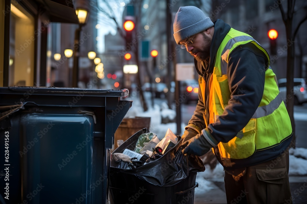 City worker dutifully emptying public trash cans, encapsulating the essential role of waste management services in maintaining clean and healthy urban spaces