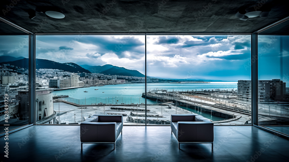 Fototapeta premium Grande baie vitrée donnant sur la baie, avec magnifique vue sur la cote - Générative ia
