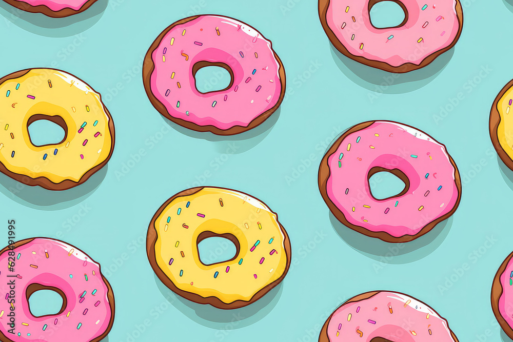 Sweet seamless pattern of lots of donuts in colorful glaze. Pastel delicate light colors, repeat texture of yummy donut with sprinkles and icing. Sweet seamless pattern of lots of donuts in colorful glaze. Pastel delicate light colors, repeat texture of yummy donut with sprinkles and icing.