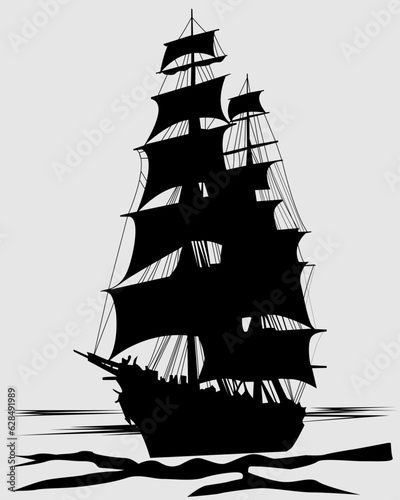 black and white vector illustration with the image of a sailing ship for printing postcards, flyers, stickers and for the design of other illustrations