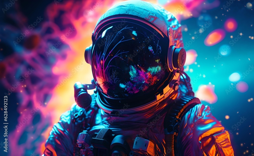 Astronaut on colorfull bright surface with space background. Astronaut walk on the moon wear cosmosuit. Future concept. Generative AI. Astronaut on colorfull bright surface with space background. Astronaut walk on the moon wear cosmosuit. Future concept. Generative AI.