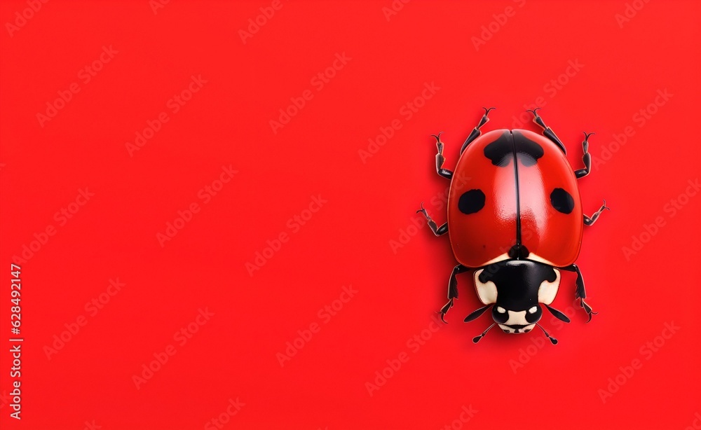 Fototapeta premium Creative Animal Insect Concept. Ladybird over red pastel bright background. Generative AI.