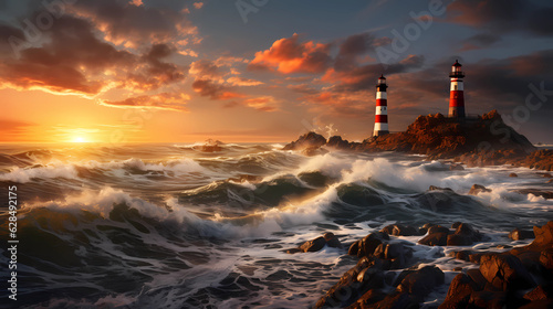 Coastal lighthouses, capturing the rugged rocks and crashing waves at golden hour