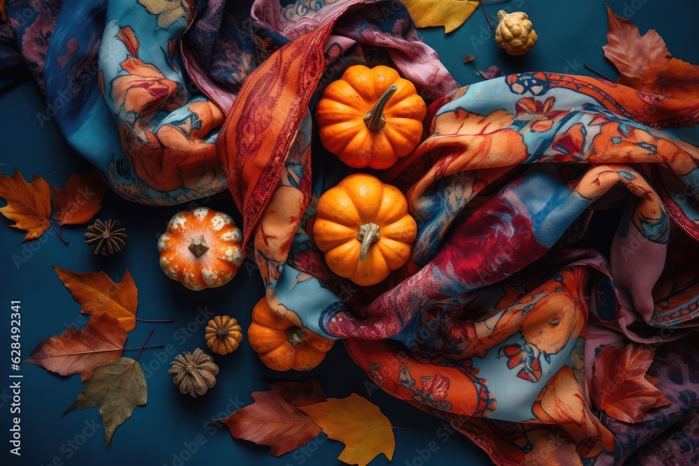 Small pumpkins, bright colored shawl and autumn leaves, abstract background. Generative AI