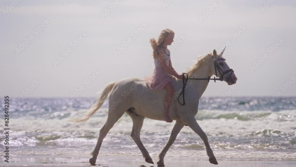 Girl Happily Riding White Unicorn
