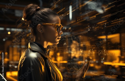 female data scientist expertly using a complex minority report style touch data analytics  Calculate  plan  strategy interface in an modern industrial steel warehouse  full of structural steel