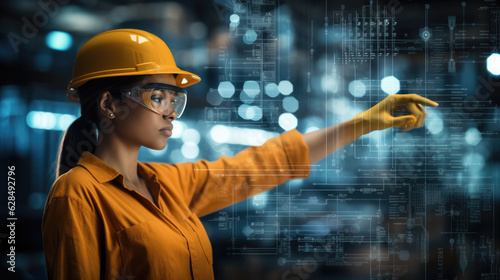 female data scientist expertly using a complex minority report style touch data analytics, Calculate, plan, strategy interface in an modern industrial steel warehouse, full of structural steel