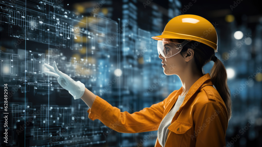female data scientist expertly using a complex minority report style touch data analytics, Calculate, plan, strategy interface in an modern industrial steel warehouse, full of structural steel female data scientist expertly using a complex minority report style touch data analytics, Calculate, plan, strategy interface in an modern industrial steel warehouse, full of structural steel