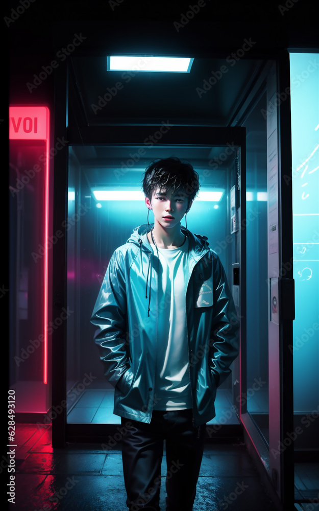 Boy wearing raincoat at night under the rainy sky in a cyber city with neon lights
