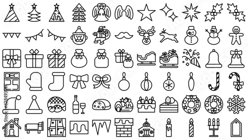                                                                                            Christmas icon set. Simple vector line drawing illustrations.