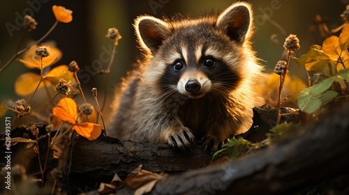 A cute young raccoon roams through the undergrowth in the back light, generative AI
