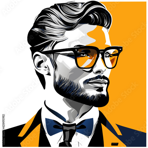 Portrait of a handsome man with glasses and bow tie. Vector illustration.