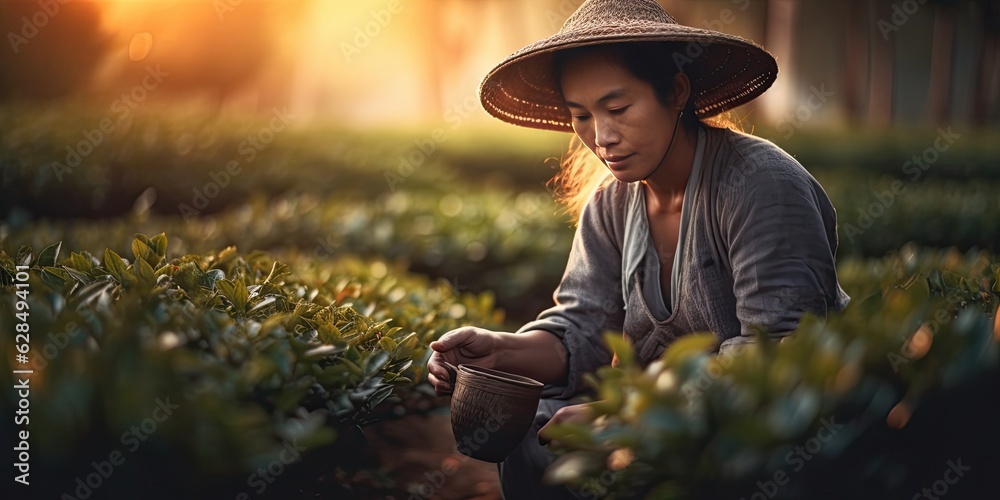 Asian woman gardener collects fresh tea leaves at dawn. Banner. Close up. Generative AI.