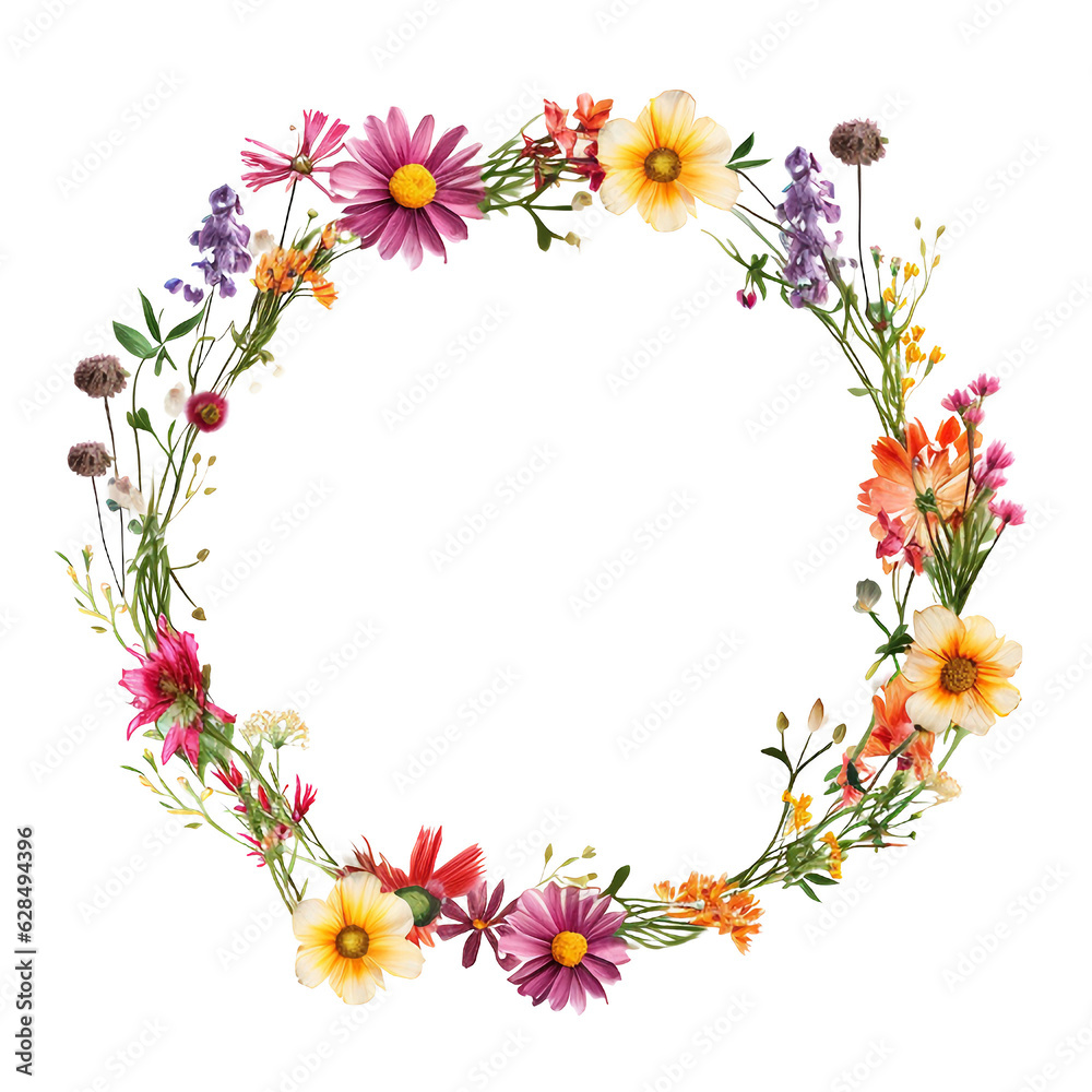Round frame of flowers isolated on white background with empty space for image. Mockup for design, photo, poster. Round frame of flowers isolated on white background with empty space for image. Mockup for design, photo, poster.