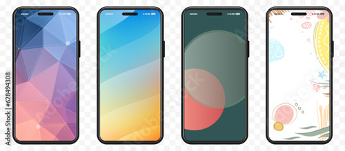 Smart Phone Vector Mockups With Abstract Wallpaper Screens. Black mobile phones on transparent background.