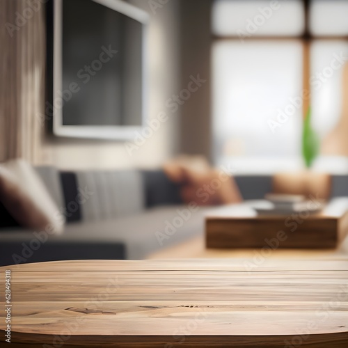 Wood table with blurred modern interior background, Empty wooden tabletop with blurred Business meeting room background,AI generated