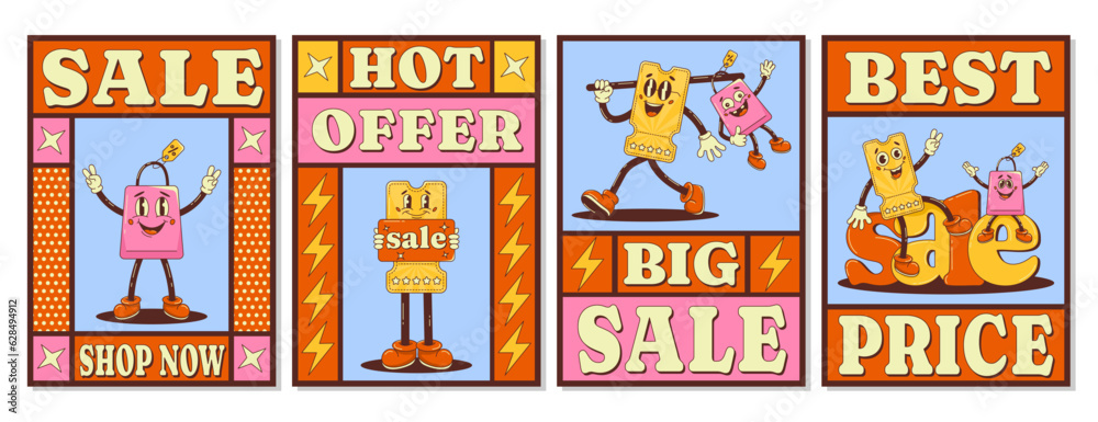 Set of retro sale posters with cartoon groovy discount coupon, bag character. Shop now, hot offer, best price. Vector background, for banner, flyer. Pop art, vintage, y2k style. A4 format Set of retro sale posters with cartoon groovy discount coupon, bag character. Shop now, hot offer, best price. Vector background, for banner, flyer. Pop art, vintage, y2k style. A4 format