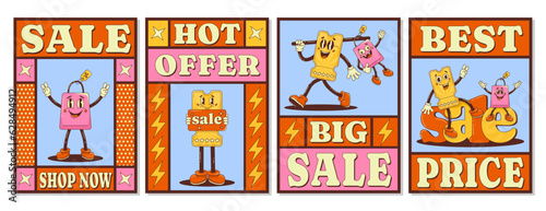 Set of retro sale posters with cartoon groovy discount coupon, bag character. Shop now, hot offer, best price. Vector background, for banner, flyer. Pop art, vintage, y2k style. A4 format