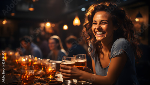 Woman with a glass of beer in a pub smiling 