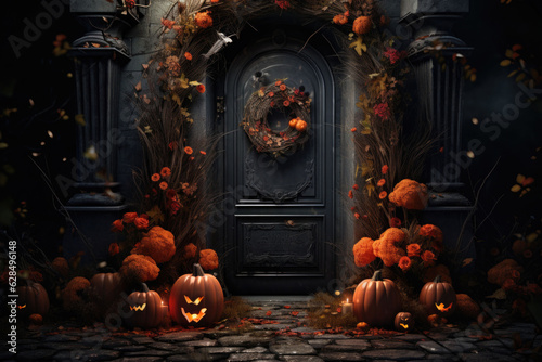 A cemetery door with Halloween decoration. AI generated