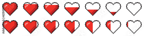 Set of pixel game life bar. Pixel heart icon, pixel hearts for game. Red hearts of life, game life symbol. Indicators of health, game progress bars.
