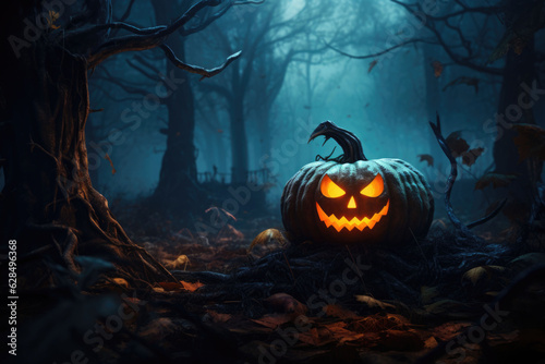 Halloween pumpkin in a mystic forest at night. AI generated