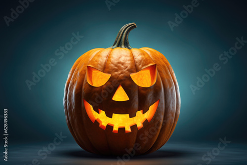 Halloween pumpkin with scary face on dark background. AI generated