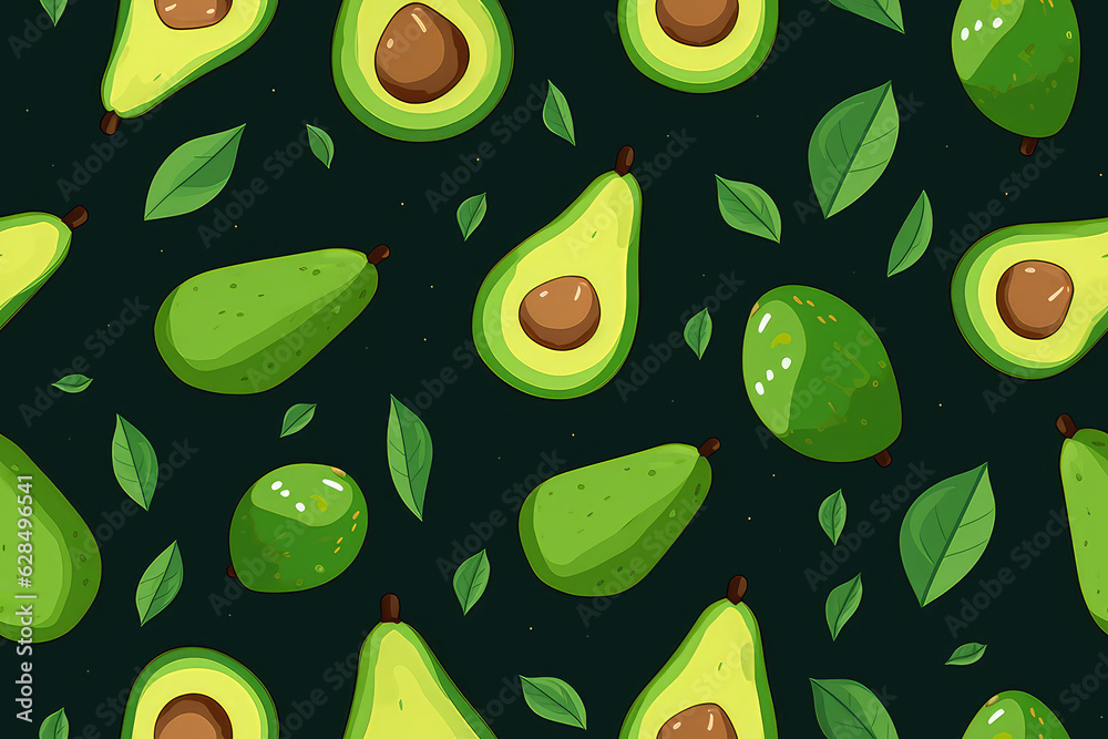 Avocado seamless pattern of lots of avocados and slices isolated on dark flat background. Green colors, repeat texture of tasty kawaii vegetables and leaves. Avocado seamless pattern of lots of avocados and slices isolated on dark flat background. Green colors, repeat texture of tasty kawaii vegetables and leaves.