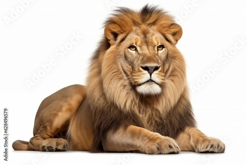 Lion the king of the jungle  setting on the floor. Isolated on white background. Generated AI