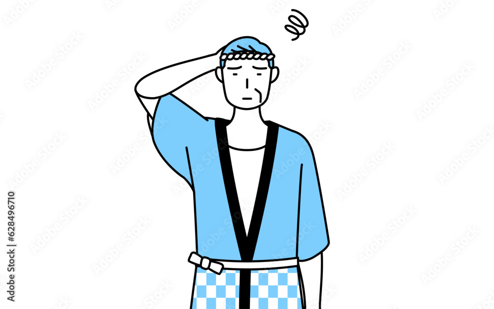 困って頭をかく夏祭りの法被を着たシニア男性