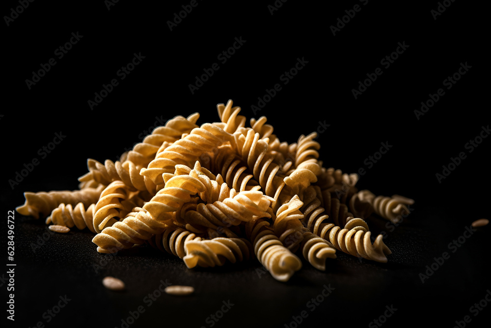 Raw pasta fusilli on black background