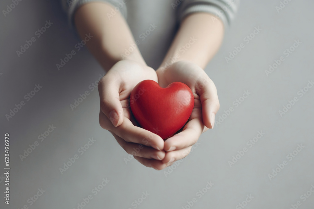 Young women hands holding red heart, health care, donate and family insurance concept, world heart day, world health day, CSR responsibility, adoption foster family, hope, gratitude,kind. Generated Ai - obrazy, fototapety, plakaty 