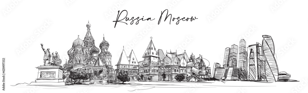 Russia Moscow Hand drawing Skyline Vector Illustration.