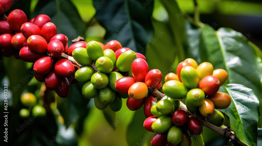 Coffee Cherry Cluster: Description: A close-up view of a coffee cherry cluster on the branch. The cherries display various shades of green, yellow, and red, representing different stages of ripeness. Coffee Cherry Cluster: Description: A close-up view of a coffee cherry cluster on the branch. The cherries display various shades of green, yellow, and red, representing different stages of ripeness.