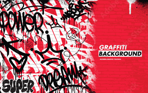 Graffiti background with throw-up and tagging hand-drawn style. Street art graffiti urban theme in vector format.