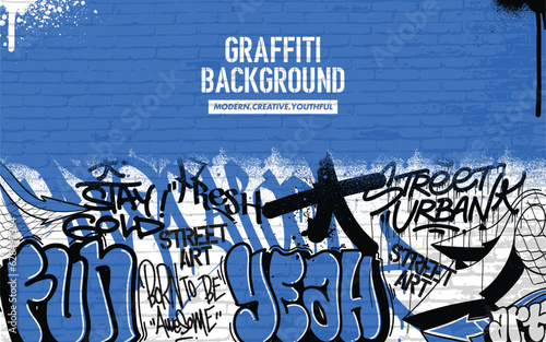 Graffiti background with throw-up and tagging hand-drawn style. Street art graffiti urban theme in vector format.