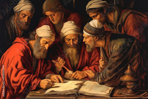 Fotografie, Obraz Old painting of scribes and rabbis copying the Holy Scriptures in Constantinople