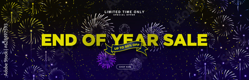 End of Year Sale Typographic Text Sales Banner with up to 50% off discount tag and shop now CTA button on dark background with fireworks. Editable Vector Illustration. EPS 10.
