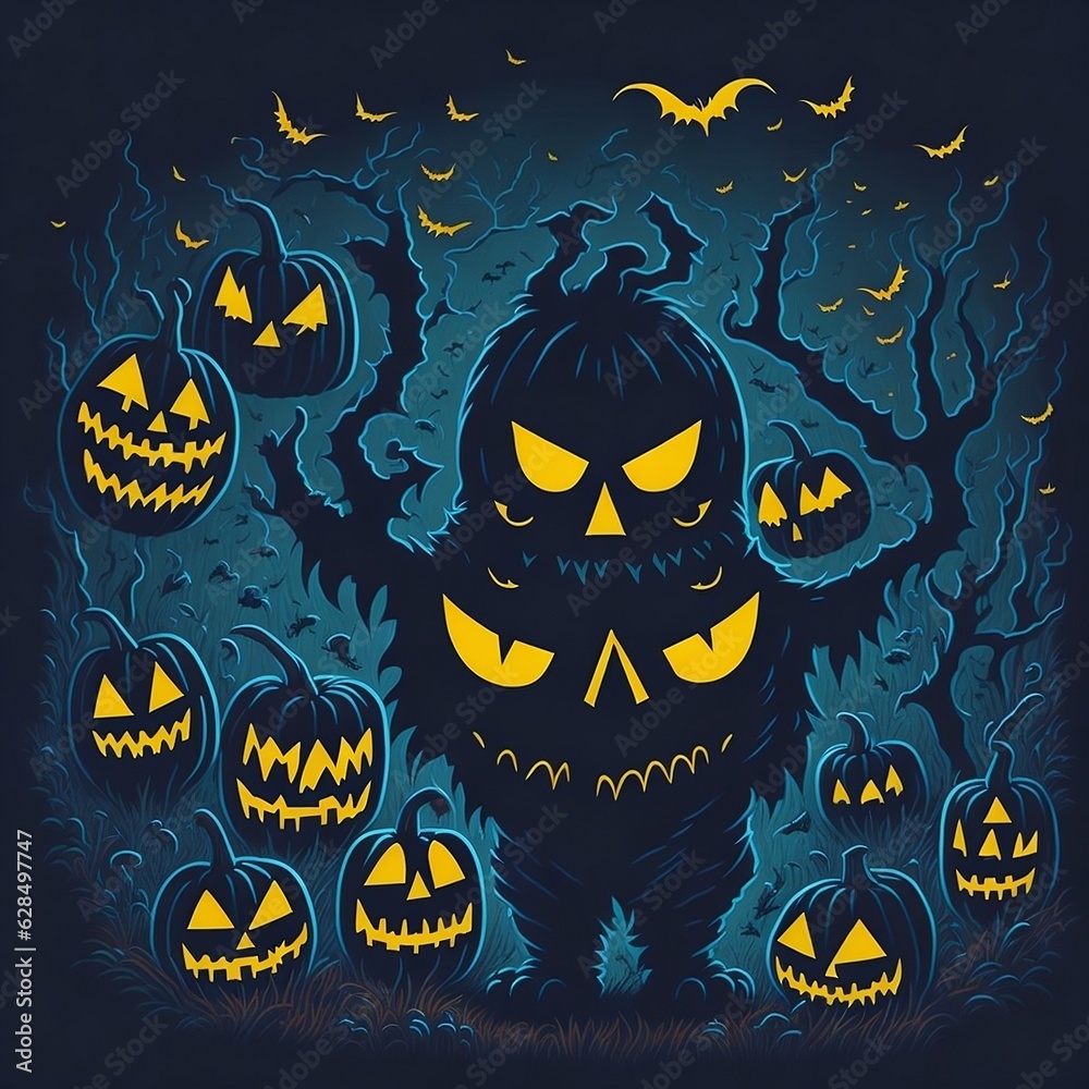 Happy Halloween Greetings, Halloween Night Background with Ghost house and pumpkins monster.