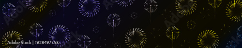 Panorama of Colorful Fireworks in the night sky.  Bright spirals of fireworks. Sky of exploding firework background. Vector. 